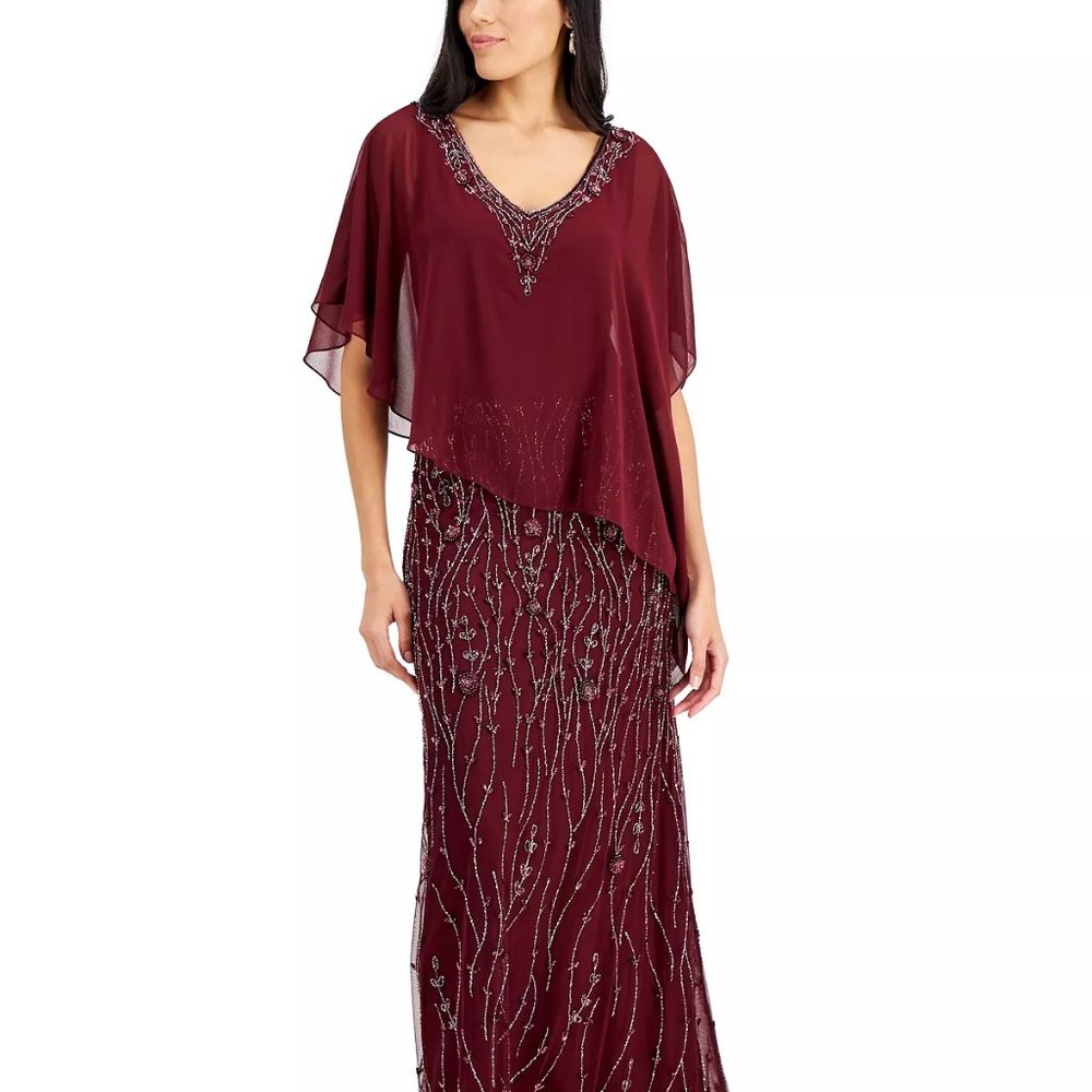 J KARA Beaded Asymmetrical Gown Cranberry Size 8